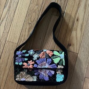 BCBGeneration Black Floral Embroidered Shoulder Bag‎